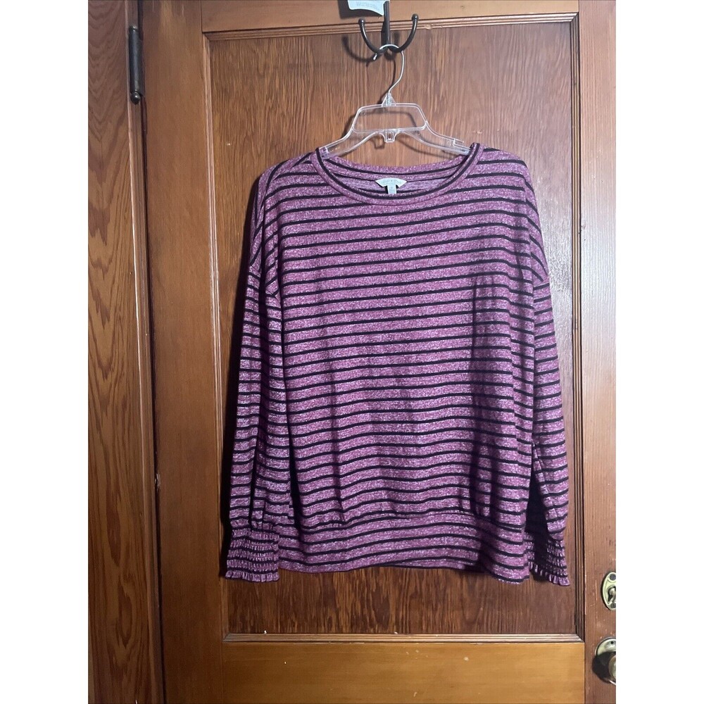 Lucky Brand Striped Long Sleeve Tee Size M Burgoundy Black Scoop Neck